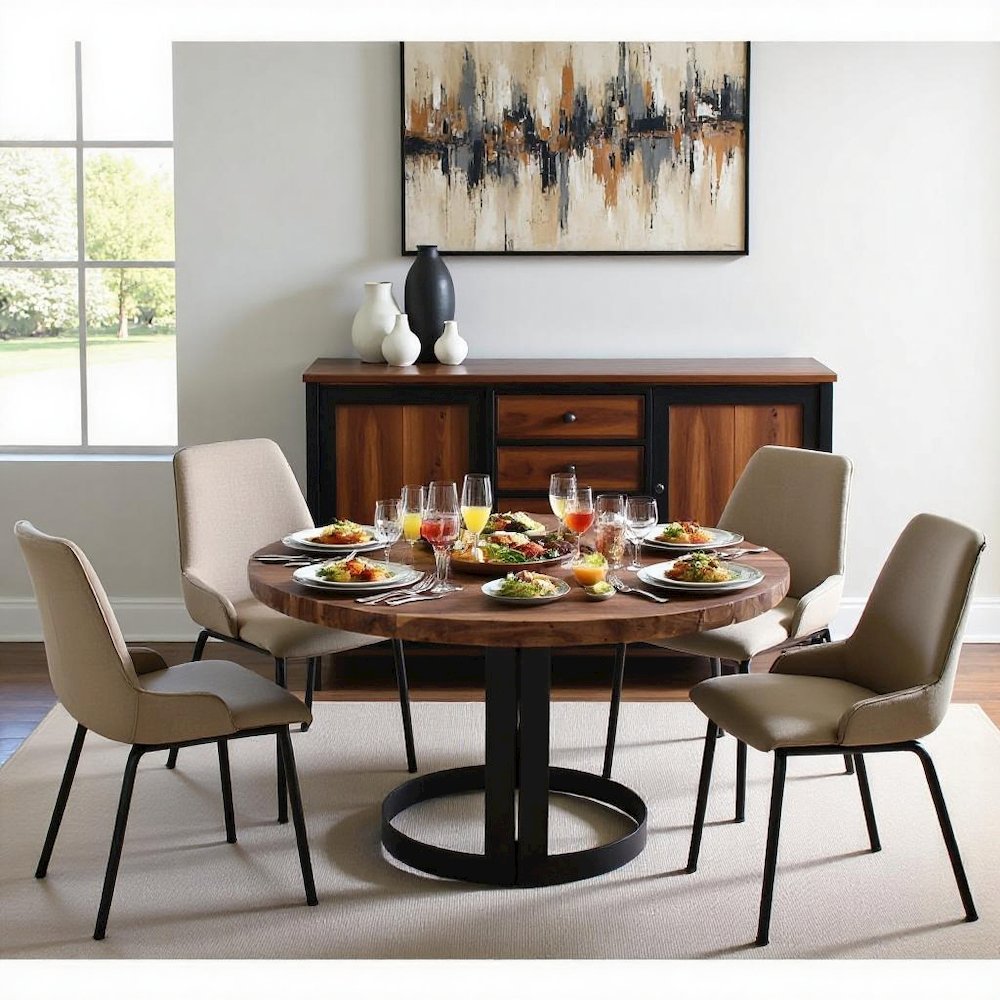 Brown Round Dining Table – Solid Wooden Table with Iron Base