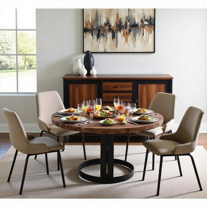 Brown Round Dining Table – Solid Wooden Table with Iron Base