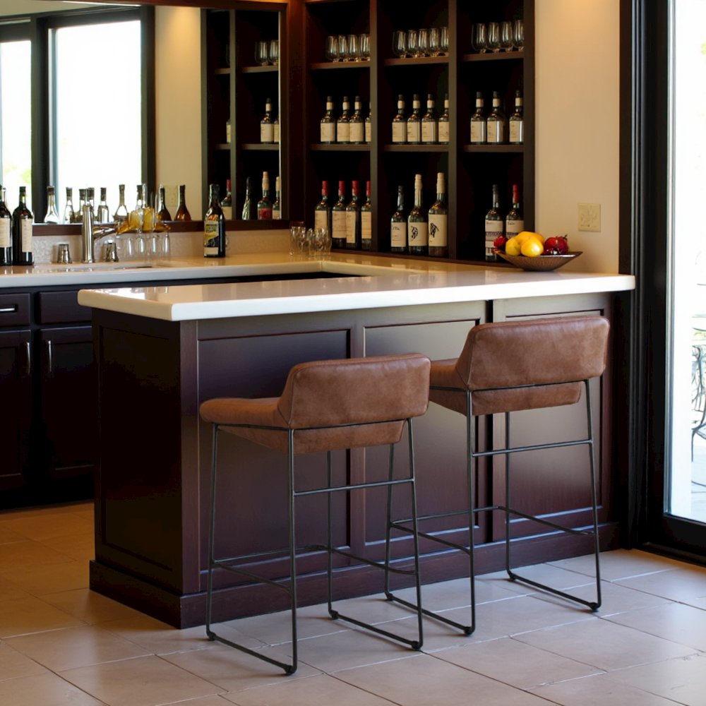 Brown Bar Stools Set of 2 Faux Leather Seating with Iron Frame Design