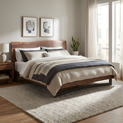 Solid Acacia King Platform Bed with Live-Edge Headboard and Iron Legs