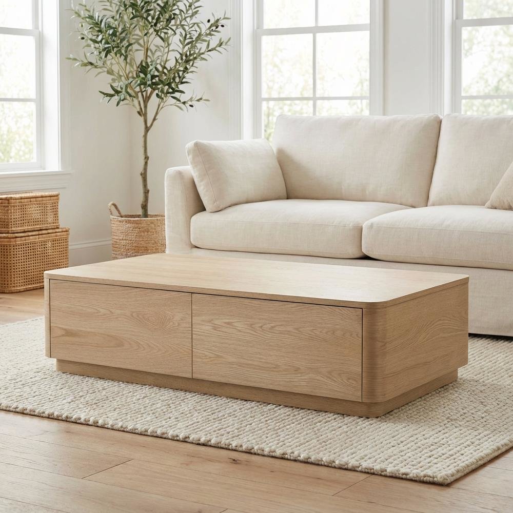 Brown Oak Veneer Coffee Table with Four Drawers and Rubber Wood Base