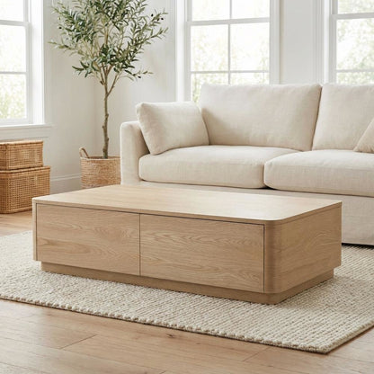 Brown Oak Veneer Coffee Table with Four Drawers and Rubber Wood Base