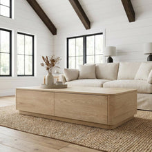 Brown Oak Veneer Coffee Table with Four Drawers and Rubber Wood Base