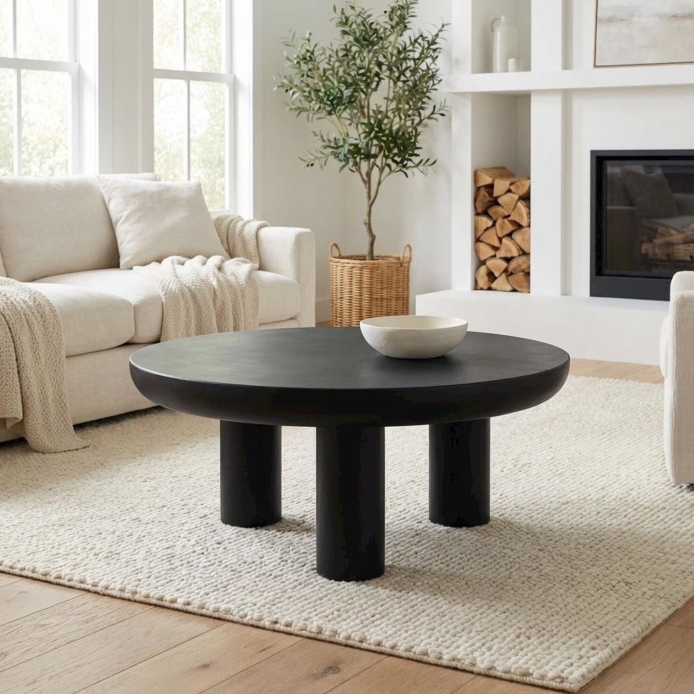 Black Concrete Top Coffee Table with Plywood Frame and Durable Cement Legs