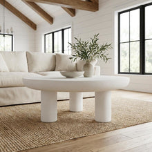 White Concrete Coffee Table with Iron Frame Support and Single Piece Design
