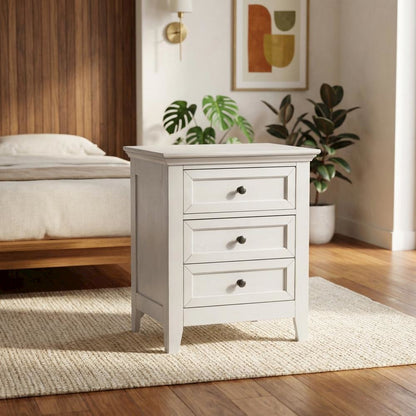 Rustic White Nightstand in Wood with 3 Drawers and Transitional Style