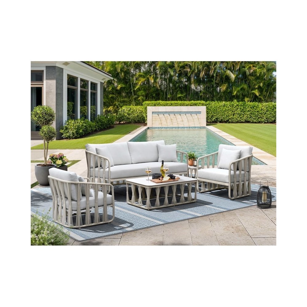 Intercon Alexa Outdoor Seating Coffee Table with Stone Top in White