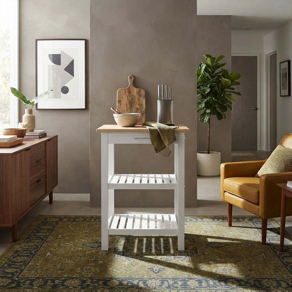 FurniFact Kitchen Island with Solid Wood Top, Drawer, and Slatted Shelves