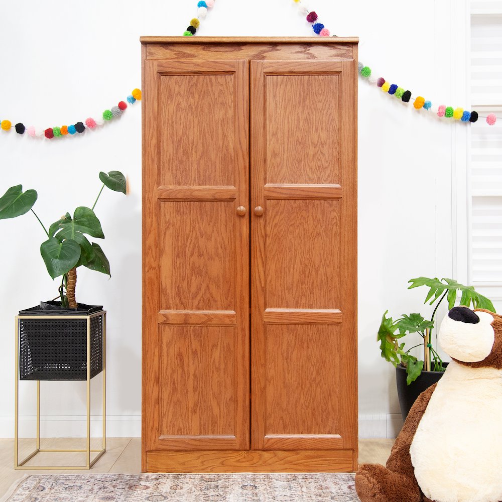 Armoire Wardrobe Closet with Doors, 2 Shelves, Oak Finish