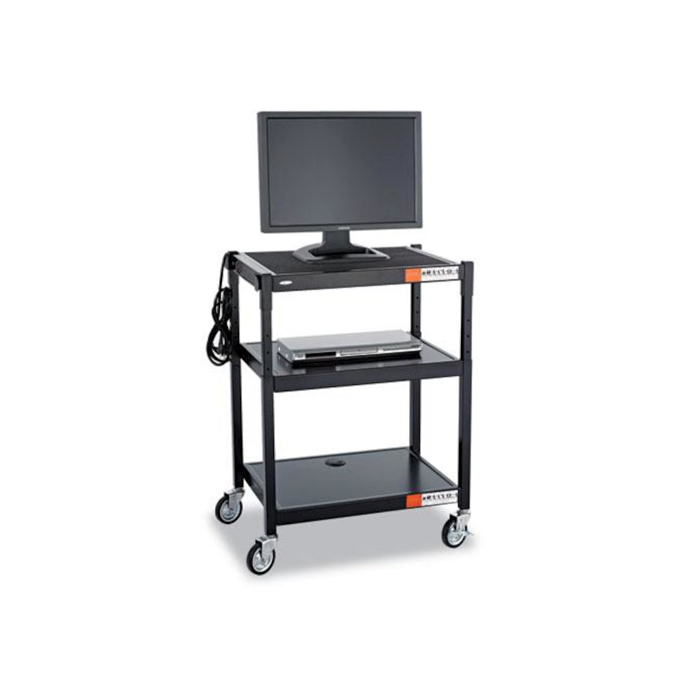 Adjustable-Height Steel AV Cart, Metal, 3 Shelves, (5) AC Outlets, 120 lb Capacity, 27.25" x 18.25" x 36.5", Black