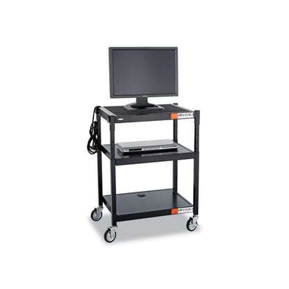 Adjustable-Height Steel AV Cart, Metal, 3 Shelves, (5) AC Outlets, 120 lb Capacity, 27.25" x 18.25" x 36.5", Black