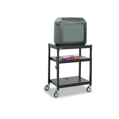 Adjustable-Height Steel AV Cart, Metal, 3 Shelves, (5) AC Outlets, 120 lb Capacity, 27.25" x 18.25" x 36.5", Black