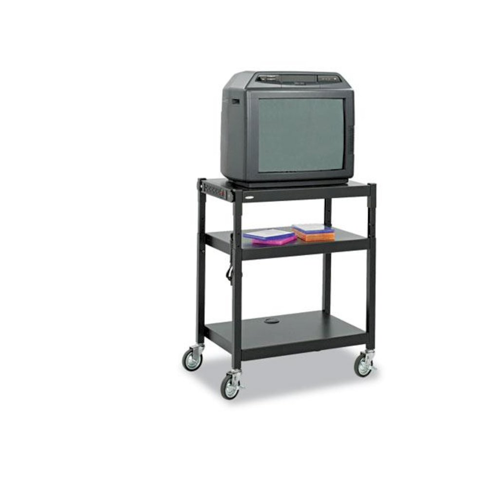 Adjustable-Height Steel AV Cart, Metal, 3 Shelves, (5) AC Outlets, 120 lb Capacity, 27.25" x 18.25" x 36.5", Black