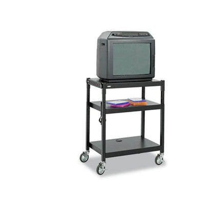 Adjustable-Height Steel AV Cart, Metal, 3 Shelves, (5) AC Outlets, 120 lb Capacity, 27.25" x 18.25" x 36.5", Black