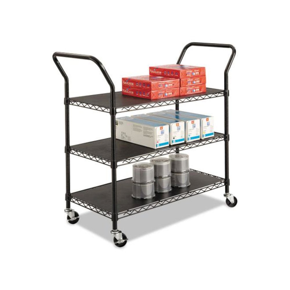 Wire Utility Cart, Metal, 3 Shelves, 600 lb Capacity, 43.75" x 19.25" x 40.5", Black