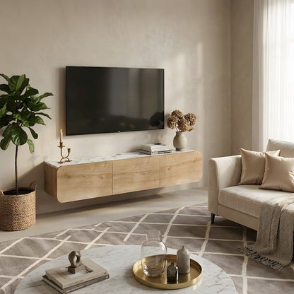 Wall Mounted Oval TV Stand in Walnut with Wooden Finish and Modern Design