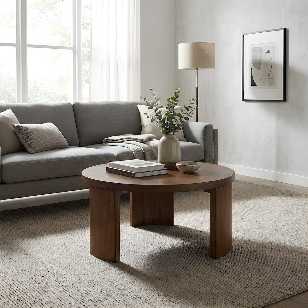 Wood Veneer Round Coffee Table with Panel-Style Legs, Living Room Accent