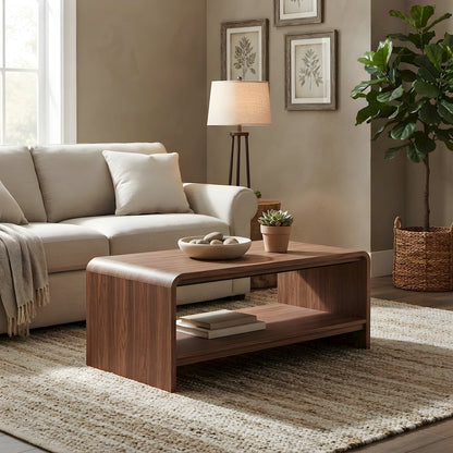 Wood Veneer Rectangular Coffee Table with Open-Shelf Storage