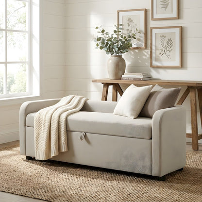 Fabric Upholstered Storage Bench with Lift-Top Seat and Black Legs