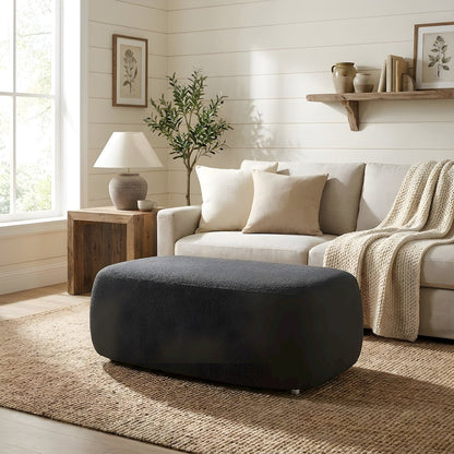 Boucle Fabric Big Ottoman with Solid Larch Wood Frame and Floor Accent