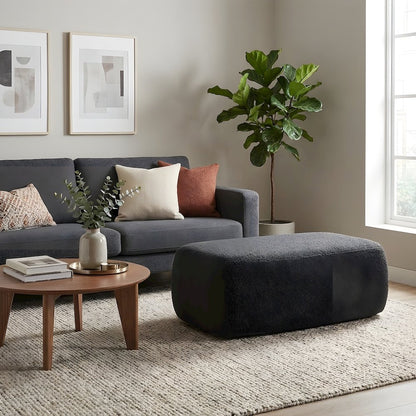 Boucle Fabric Big Ottoman with Solid Larch Wood Frame and Floor Accent