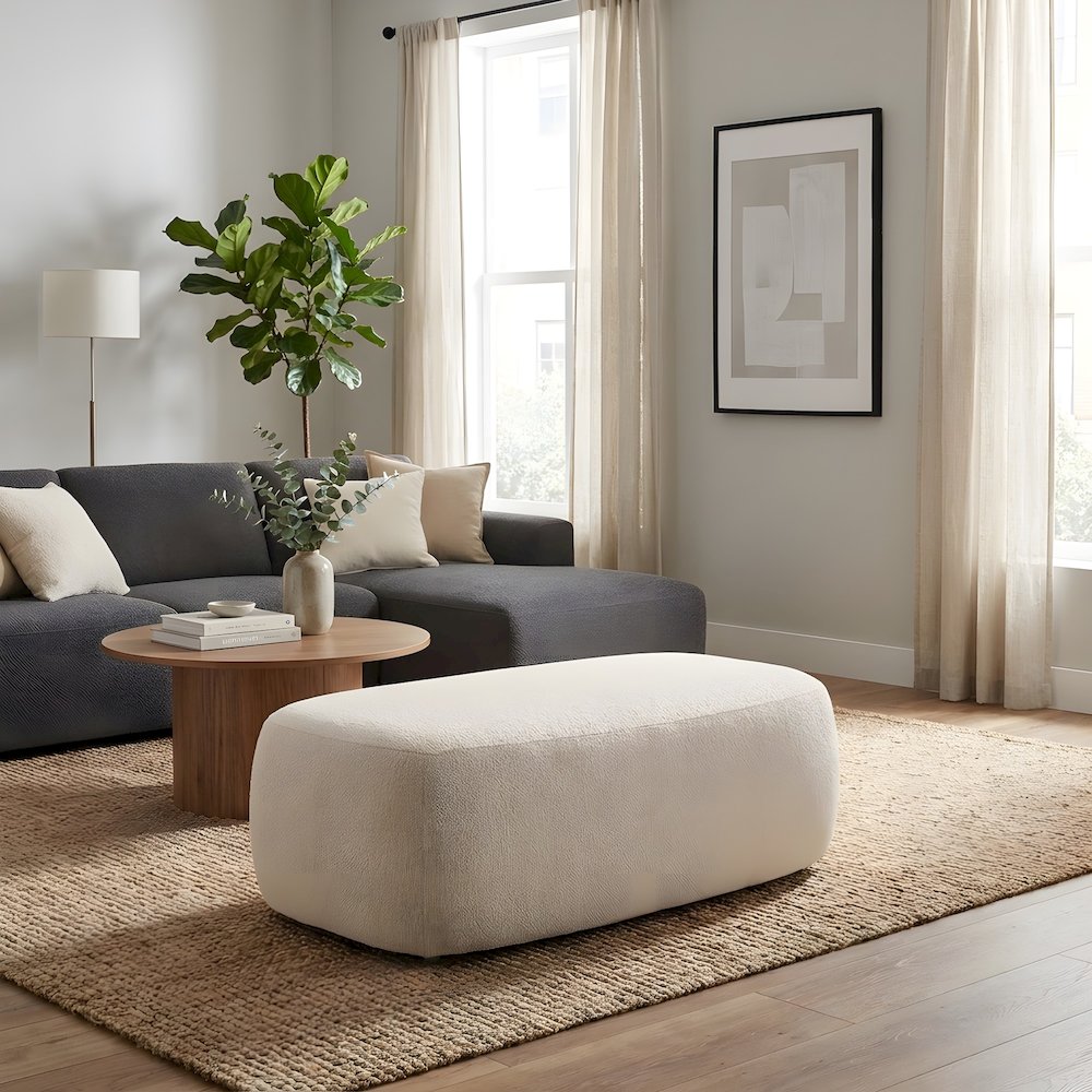 Boucle Upholstered Oversized Ottoman with Solid Larch Wood Frame