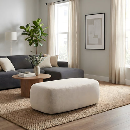 Boucle Upholstered Oversized Ottoman with Solid Larch Wood Frame