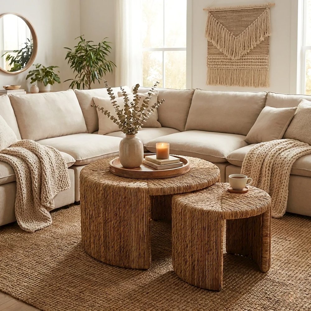 Kanza Abaca Round Nesting Coffee Table - Natural - Set of 2