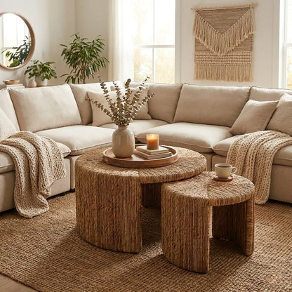 Kanza Abaca Round Nesting Coffee Table - Natural - Set of 2