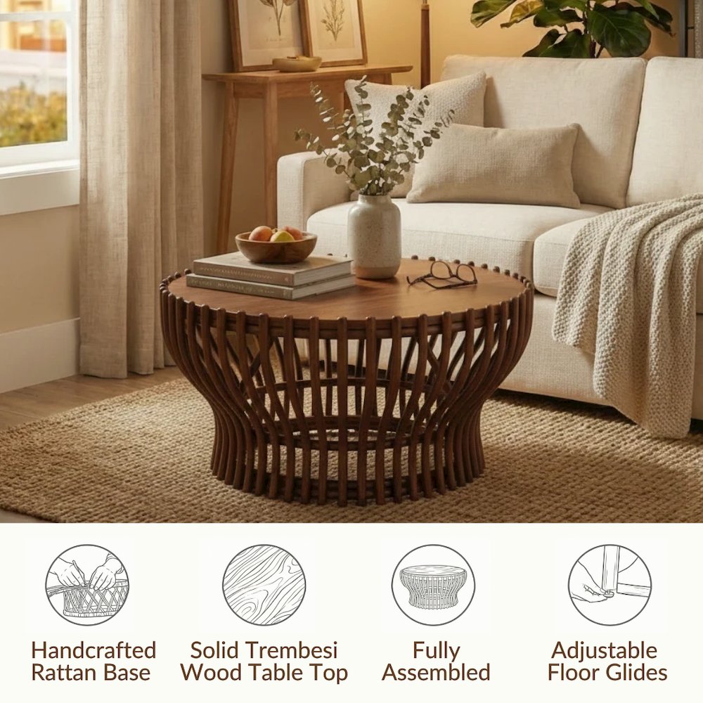 Sona Rattan Coffee Table w/ Wood Top - Cane Brown