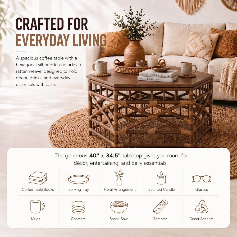 Kano Coffee Table - Cane Brown Rattan Base - Wood Top