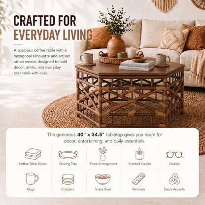 Kano Coffee Table - Cane Brown Rattan Base - Wood Top