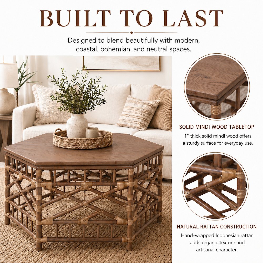 Kano Coffee Table - Cane Brown Rattan Base - Wood Top