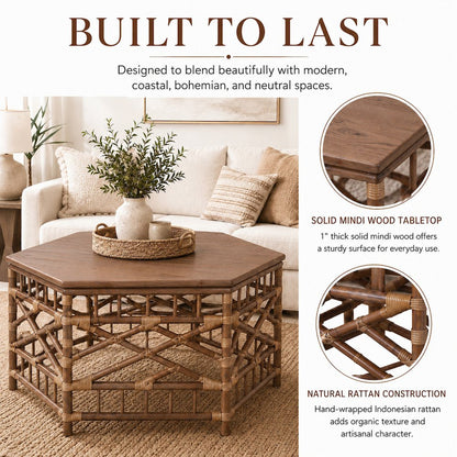 Kano Coffee Table - Cane Brown Rattan Base - Wood Top