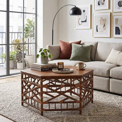 Kano Coffee Table - Cane Brown Rattan Base - Wood Top