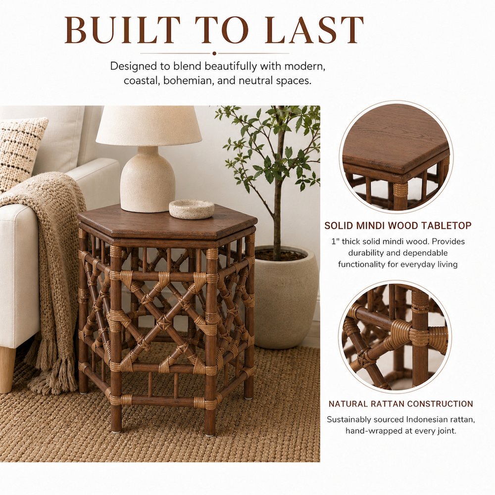 Kano Accent Table - Cane Brown Rattan Base - Wood Top