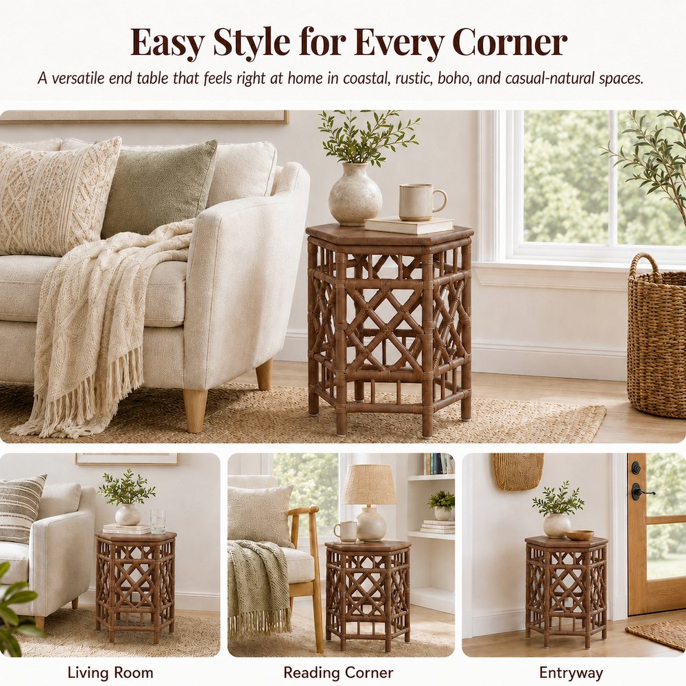 Kano Accent Table - Cane Brown Rattan Base - Wood Top