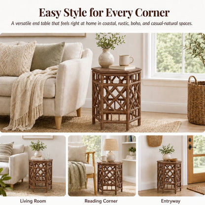Kano Accent Table - Cane Brown Rattan Base - Wood Top
