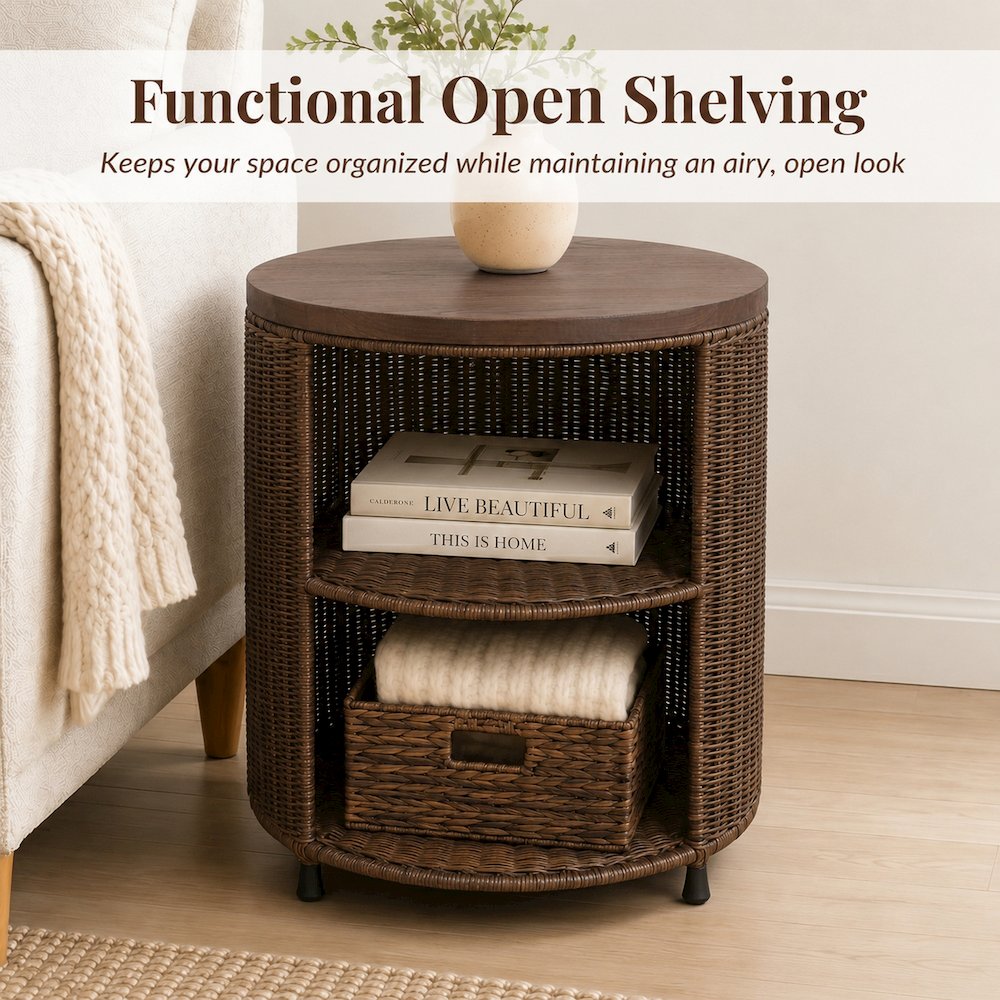Zayn Accent Table - Cane Brown Rattan Base - Wood Top