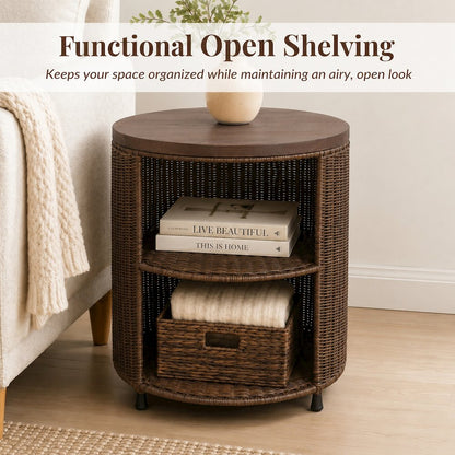 Zayn Accent Table - Cane Brown Rattan Base - Wood Top