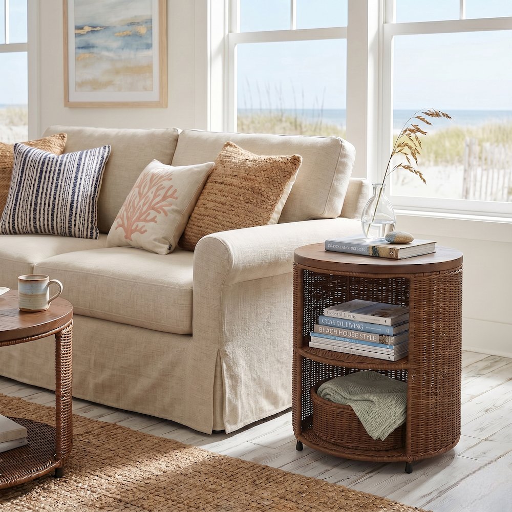 Zayn Accent Table - Cane Brown Rattan Base - Wood Top