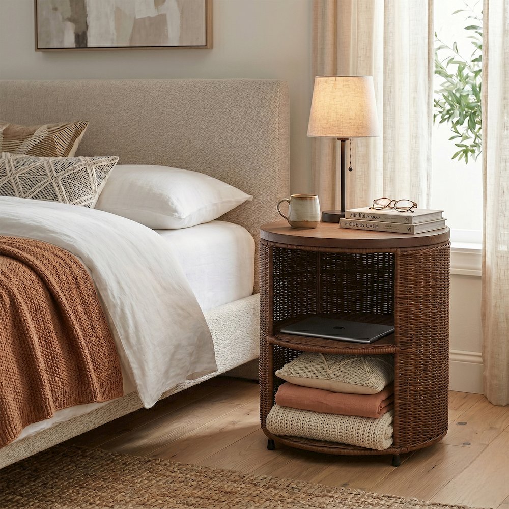 Zayn Accent Table - Cane Brown Rattan Base - Wood Top