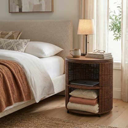 Zayn Accent Table - Cane Brown Rattan Base - Wood Top