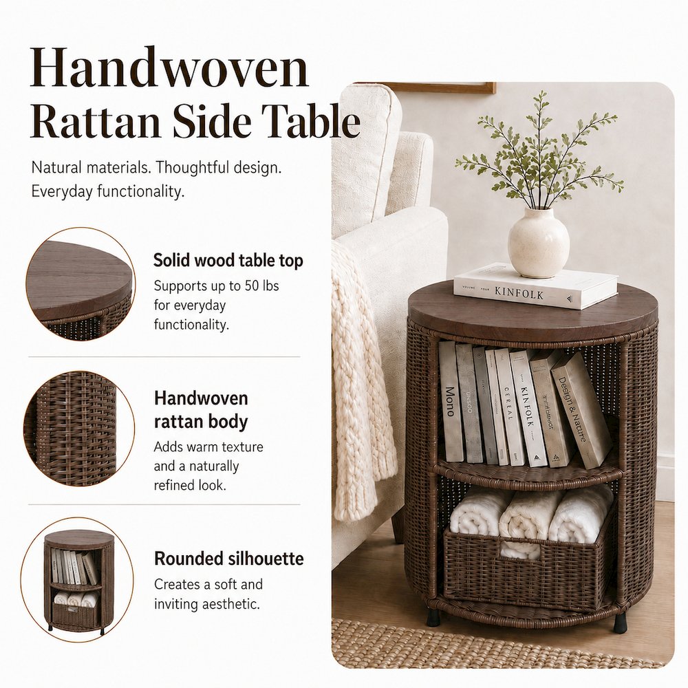 Zayn Accent Table - Cane Brown Rattan Base - Wood Top