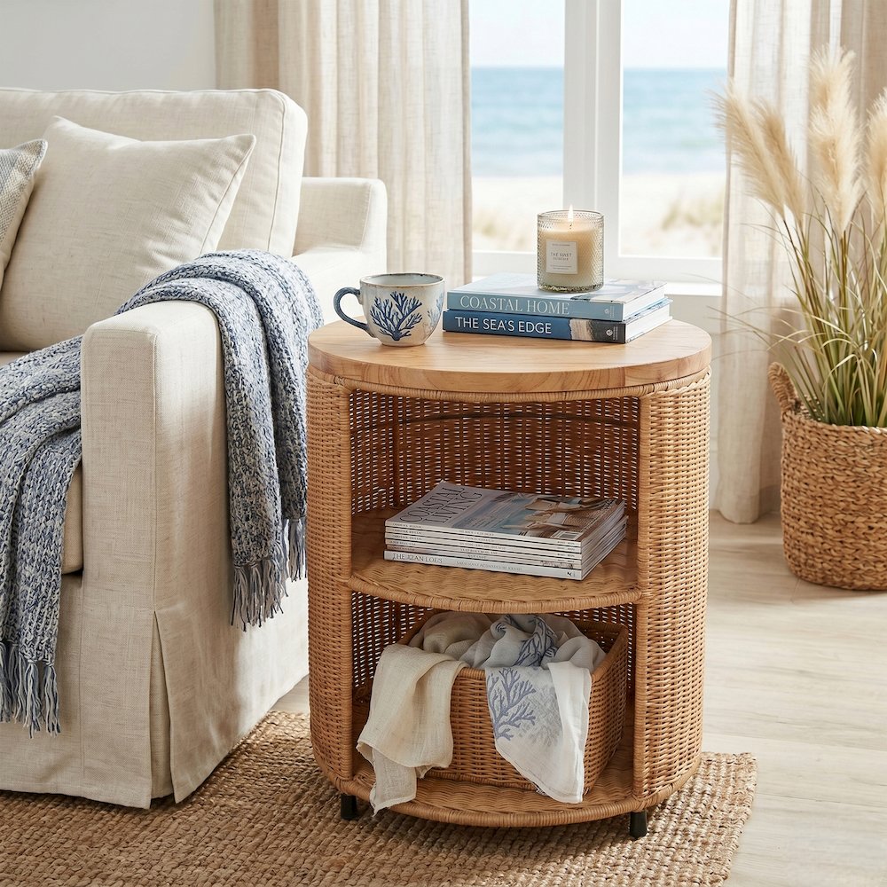 Zayn Accent Table - Honey Rattan Base - Wood Top