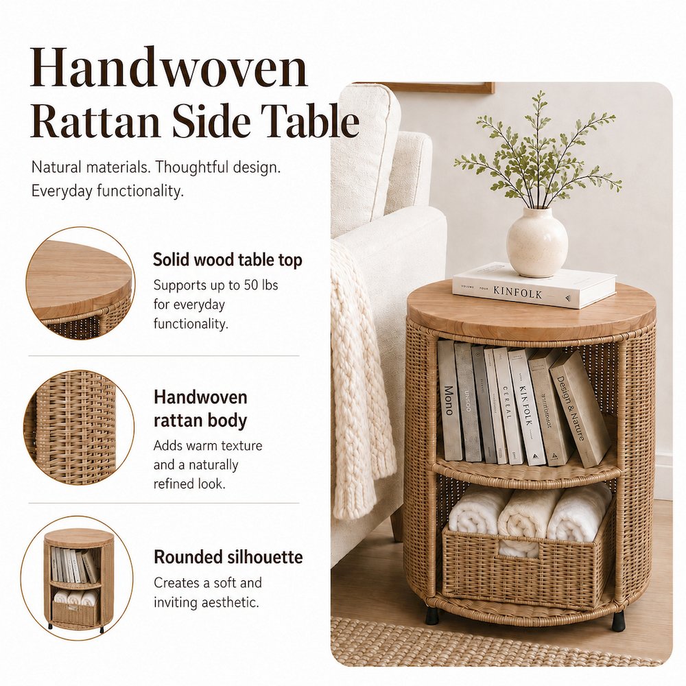 Zayn Accent Table - Honey Rattan Base - Wood Top