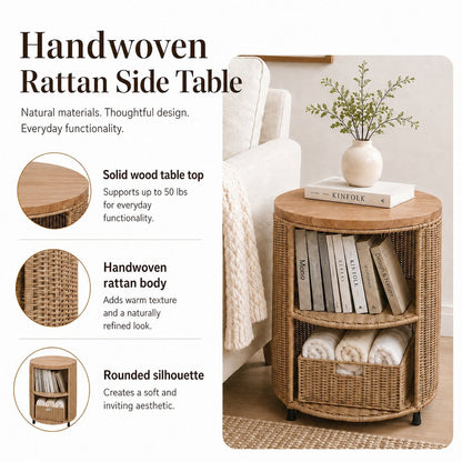 Zayn Accent Table - Honey Rattan Base - Wood Top