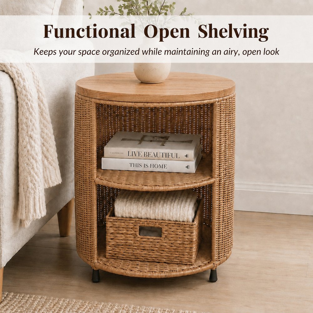 Zayn Accent Table - Honey Rattan Base - Wood Top