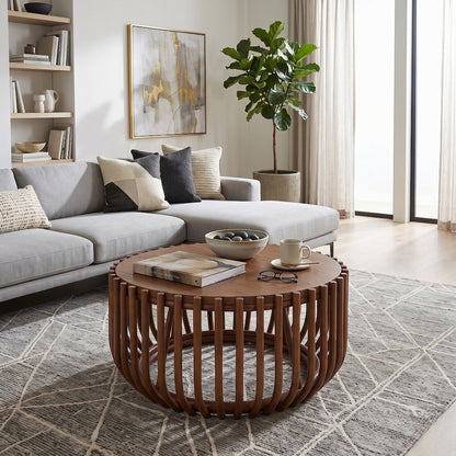 Bexa Coffee Table - Cane Brown Rattan Base - Wood Top