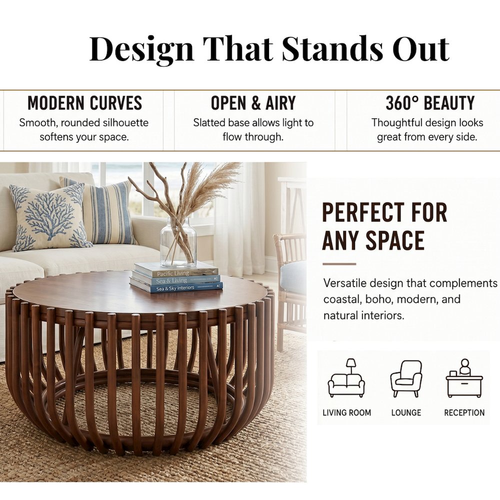Bexa Coffee Table - Cane Brown Rattan Base - Wood Top